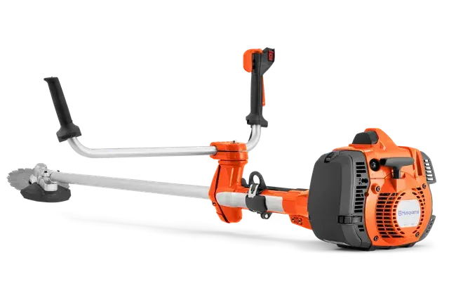 Zijaanzicht van een Husqvarna bosmaaier met ergonomische handgrepen en mes.