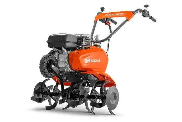 Zijaanzicht van een Husqvarna-helmstok met zijn messen en motor.
